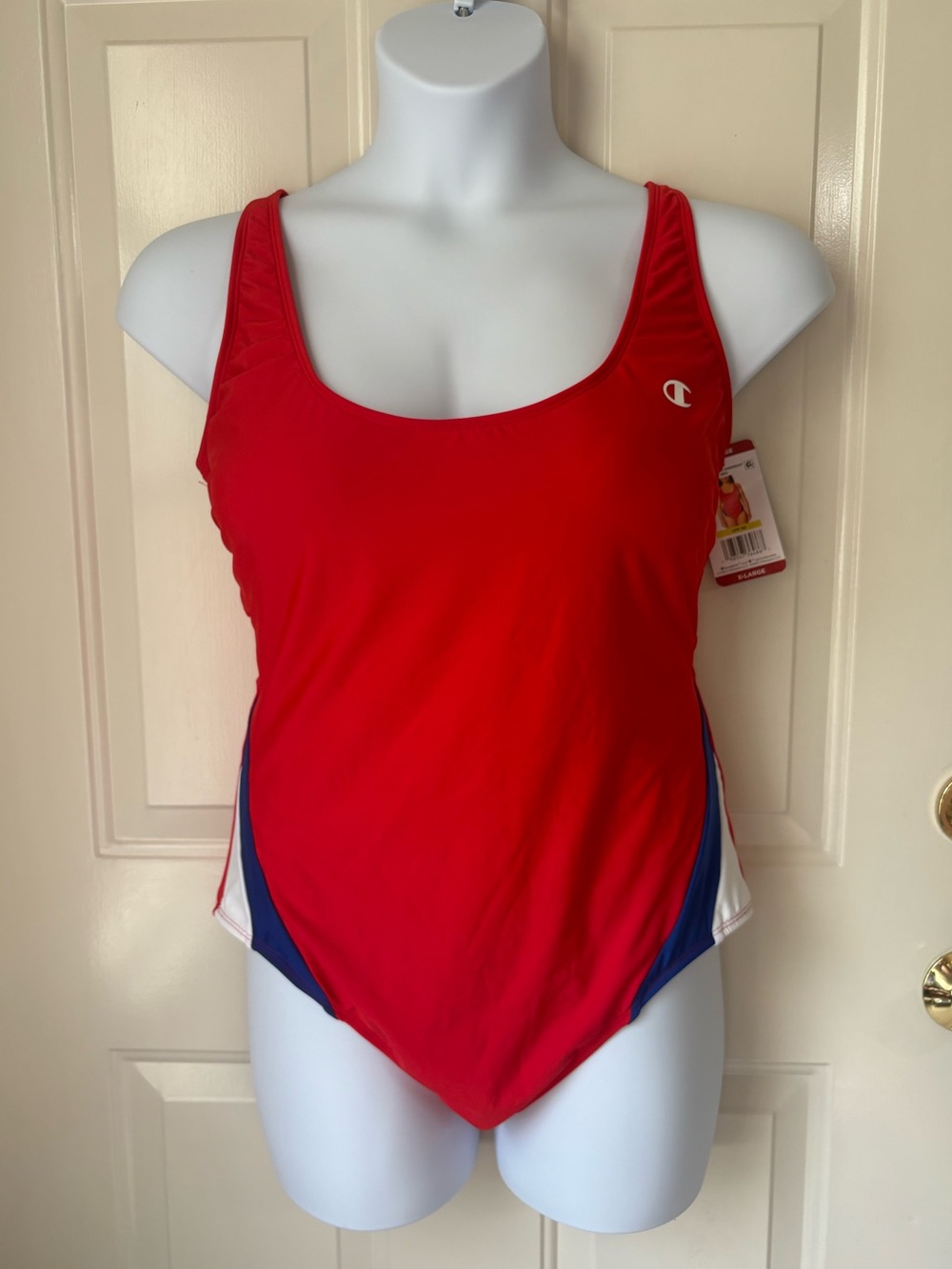 Champion Red One-Piece Swimsuit with Blue and White Accents ~ Size XL